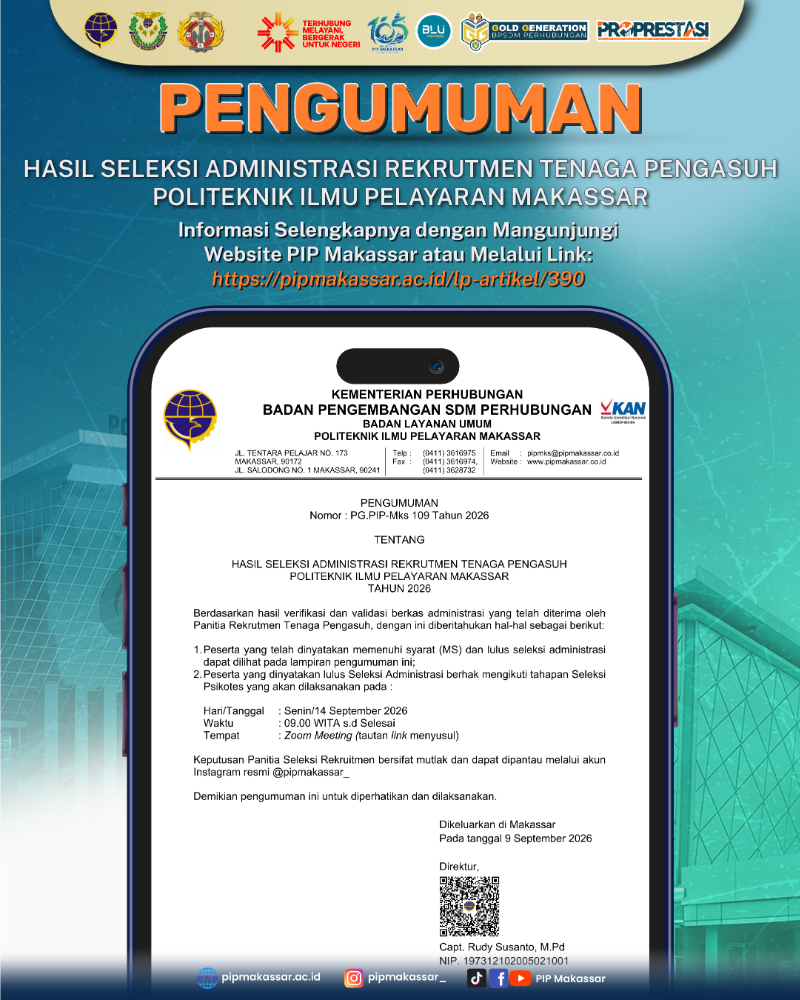 HASIL SELEKSI ADMINISTRASI REKRUTMEN TENAGA PENGASUH POLITEKNIK ILMU PELAYARAN MAKASSAR  TAHUN 2026 